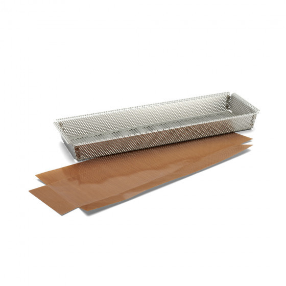 Moule rectangulaire inox perforé 35x10,5x3,5cm + feuilles de cuisson antiadhésive