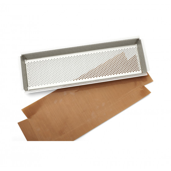 Moule rectangulaire inox perforé 35x10,5x3,5cm + feuilles de cuisson antiadhésive