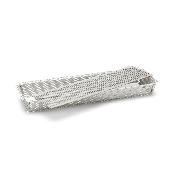 Rechteckige perforierte Backform Edelstahl 35x10,5x3,5cm + 2 Antihaft-Backtrennfolien