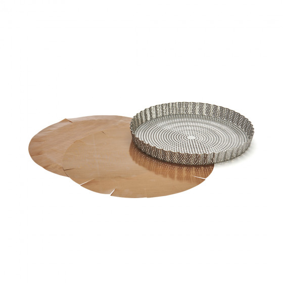 Perforated stainless steel round fluted tart mould Ø24cm + 2 non-stick baking sheets
