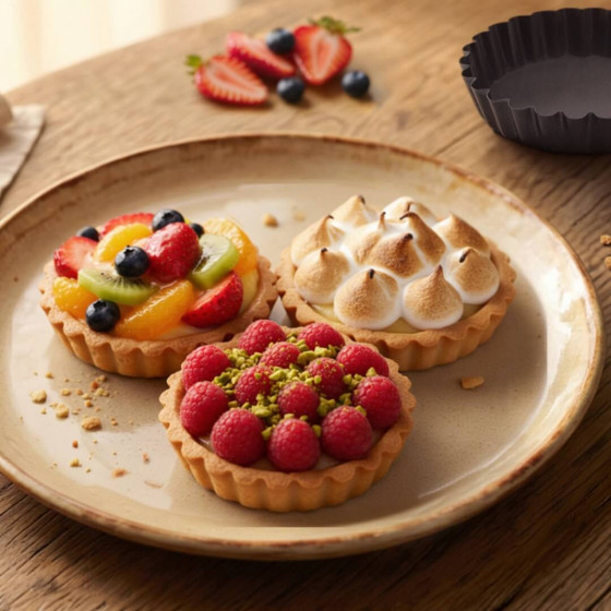 Set mit 4 Geriffelte runde Tarteform Stahl-Antihaft Ø10cm